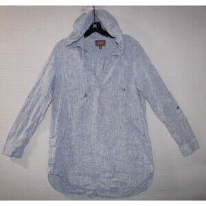 Forcynthia Beachwear Hooded Coverup Tunic Top M Medium Linen Blend Pockets Blue